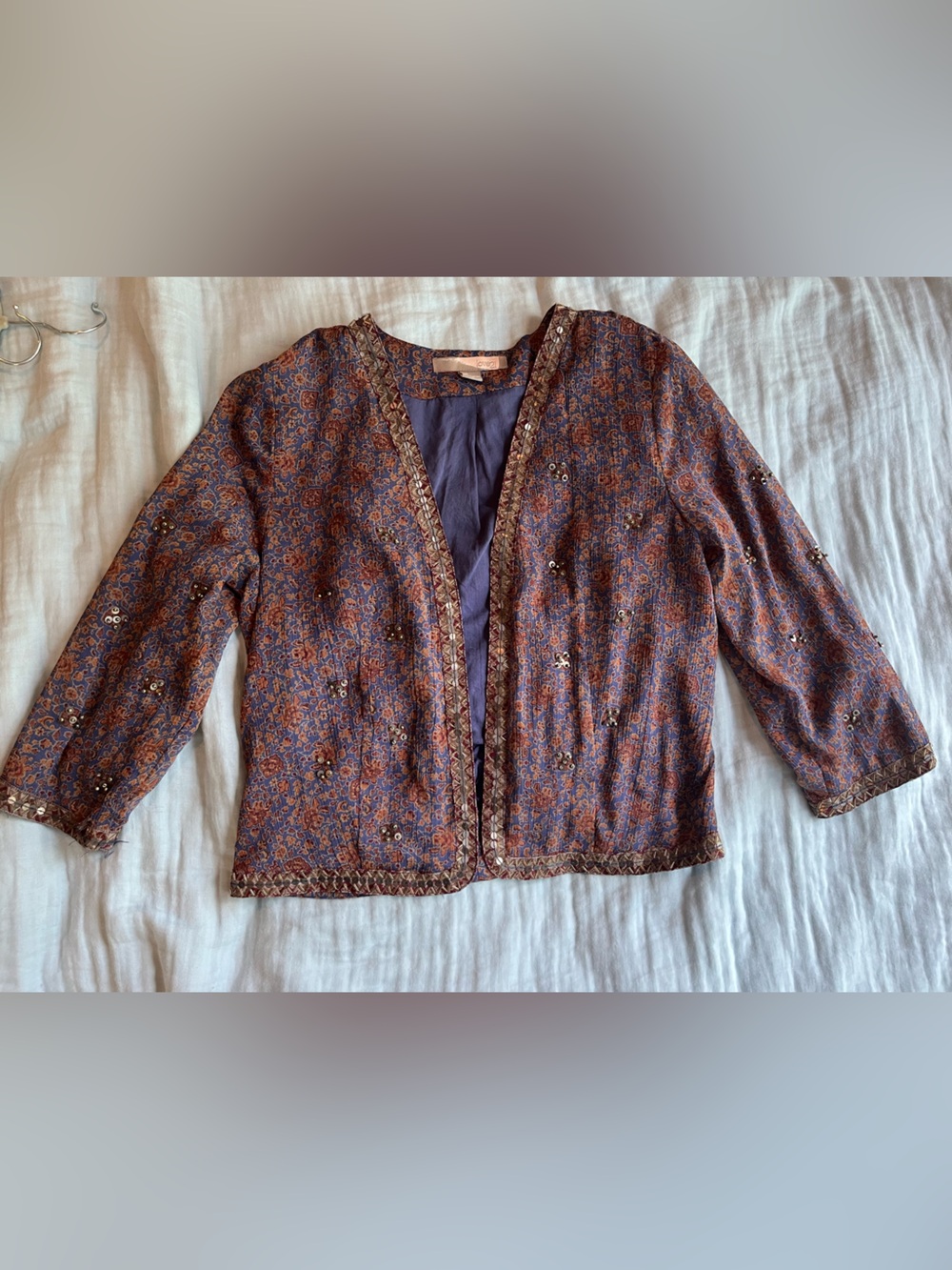 Sequin trim purple floral cropped open cardigan